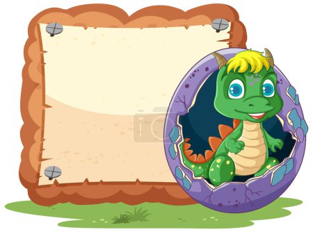 Illustration for A cartoon illustration of a baby dragon hatching eggs in a natural setting - Royalty Free Image