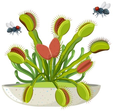 Ilustración de Una ilustración de dibujos animados vectoriales de moscas flotando sobre una planta de trampa voladora Venus - Imagen libre de derechos