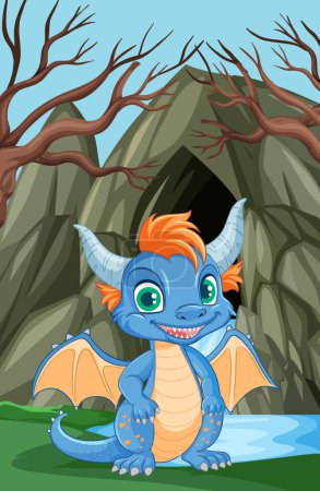 Illustration for Cute Dragon Standing in Front of Cave illustration - Royalty Free Image