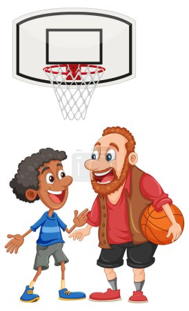 Téléchargez les illustrations : Homme du moyen âge jouant au basket avec une illustration de garçon - en licence libre de droit