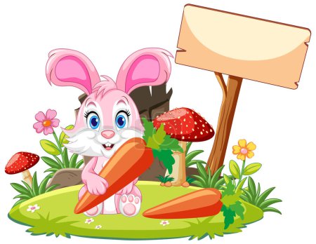 Ilustración de Un lindo conejo de dibujos animados sostiene una zanahoria en sus patas - Imagen libre de derechos