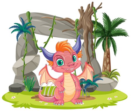 Téléchargez les illustrations : Une illustration de dessin animé d'un bébé dragon assis dans un environnement naturel - en licence libre de droit
