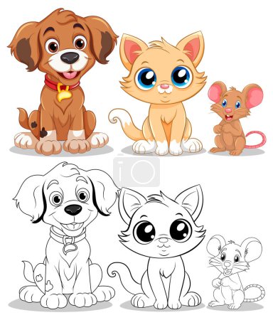 Illustration for Playful Animal Friends with Cute Cartoon Dog, Cat and Mouse illustration - Royalty Free Image