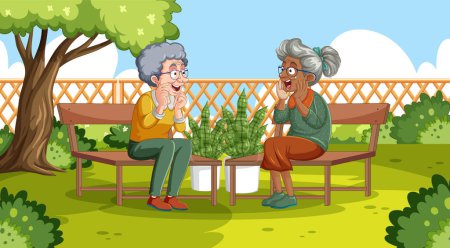 Ilustración de Dos viejos amigos hablando de un tema emocionante en un jardín - Imagen libre de derechos