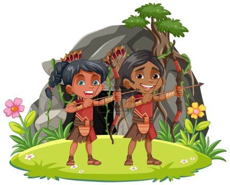 Illustration for An illustration of an indigenous group hunting with arrows in a forest near a cave - Royalty Free Image