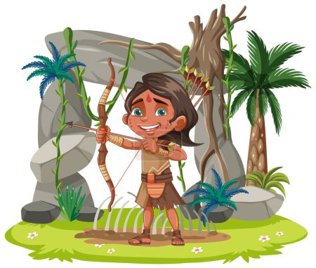 Illustration for A vector cartoon illustration of Native Americans hunting in a forest using arrows - Royalty Free Image