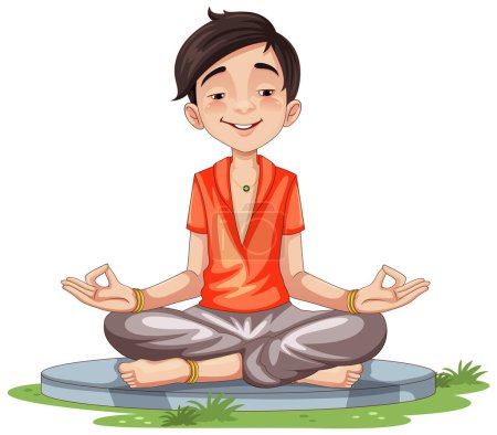 Téléchargez les illustrations : Asiatique homme dessin animé pratique méditation illustration - en licence libre de droit