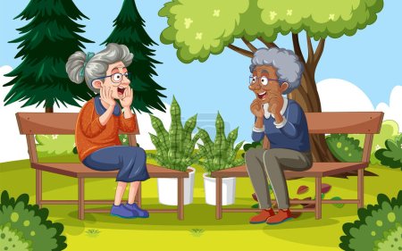 Téléchargez les illustrations : Deux amis âgés parlent d'un sujet passionnant dans un jardin - en licence libre de droit