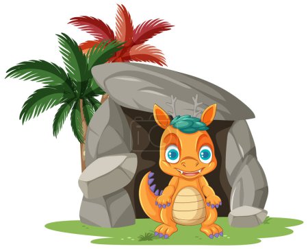 Ilustración de Un dragón bebé de dibujos animados se para frente a la entrada de una cueva - Imagen libre de derechos