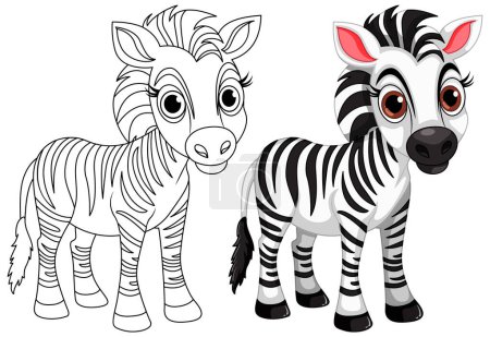 Téléchargez les illustrations : Mignon animal de dessin animé Zebra et son illustration de personnage de coloriage doodle - en licence libre de droit