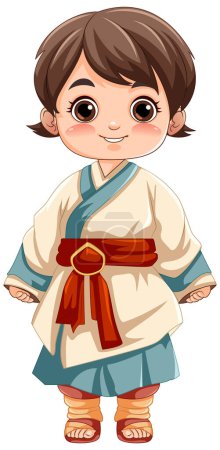 Illustration for A cartoon illustration of a cute Asian girl wearing a traditional outfit - Royalty Free Image