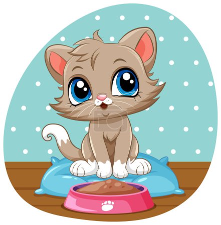 Illustration for Cute Kitten with Food Bowl illustration - Royalty Free Image