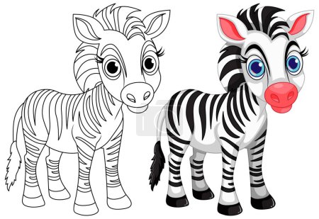 Téléchargez les illustrations : Mignon animal de dessin animé Zebra et son illustration de personnage de coloriage doodle - en licence libre de droit