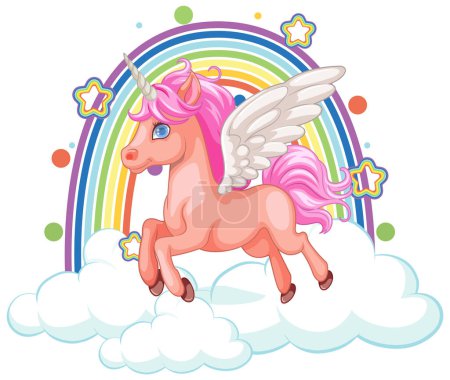 Ilustración de Una ilustración de dibujos animados de un lindo unicornio volando con alas sobre un cielo azul y un fondo de arco iris - Imagen libre de derechos