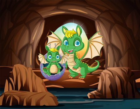 Ilustración de Una ilustración de dibujos animados de un bebé dragón naciendo de un huevo en una cueva - Imagen libre de derechos