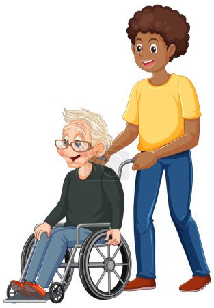 Téléchargez les illustrations : Homme afro-américain poussant le vieil homme en fauteuil roulant illustration - en licence libre de droit