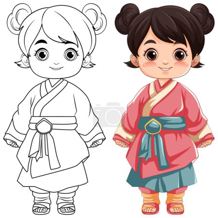 Ilustración de Un vector de dibujos animados ilustración de una linda chica asiática con un traje tradicional - Imagen libre de derechos