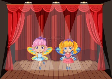 Téléchargez les illustrations : Les filles habillées en fées jouent sur scène dans une illustration vectorielle de style dessin animé - en licence libre de droit