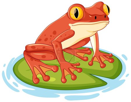 Illustration for A cheerful cartoon of a red frog perched on a lily pad - Royalty Free Image