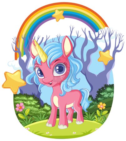 Ilustración de Unicornio de dibujos animados adorable con ilustración de arco iris - Imagen libre de derechos