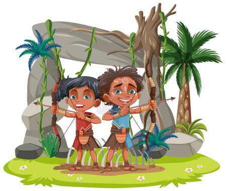 Illustration for A vector cartoon illustration of indigenous people hunting in a forest using arrows - Royalty Free Image