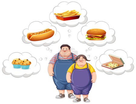 Ilustración de Pareja con sobrepeso pensando en la ilustración de comida rápida - Imagen libre de derechos