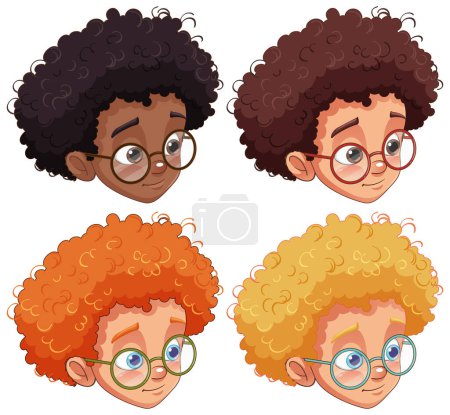 Illustration for Set of curly hair boy wearing glasses head in different race illustration - Royalty Free Image