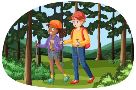 Illustration for A vector cartoon illustration of a multiracial couple enjoying a hike in a forest - Royalty Free Image