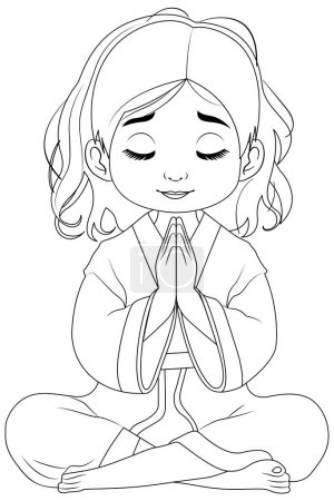 Téléchargez les illustrations : Aperçu d'une fille assise dans la méditation, représenté dans le style d'illustration de dessin animé vectoriel - en licence libre de droit