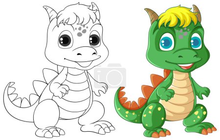 Téléchargez les illustrations : Dessin animé dinosaure et son illustration de personnage de coloriage doodle - en licence libre de droit