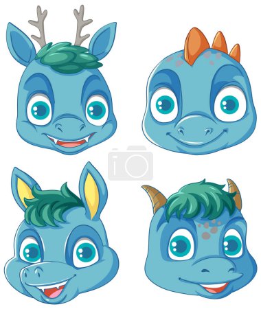 Illustration for Set of blue dragon monster head illustration - Royalty Free Image