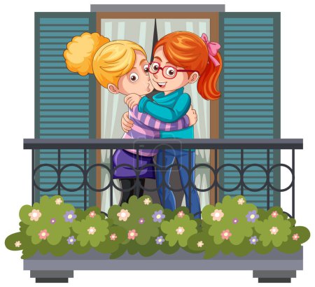 Illustration for Two girls are embracing and kissing on an apartment balcony - Royalty Free Image