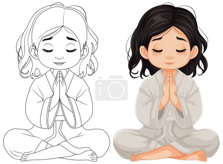 Illustration for A vector cartoon illustration of a girl sitting and praying in meditation - Royalty Free Image