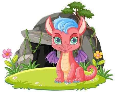 Illustration for A cartoon illustration of an adorable baby dragon standing in front of a cave - Royalty Free Image