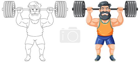 Illustration for A cartoon illustration of a hipster man with a beard and mustache lifting weights - Royalty Free Image