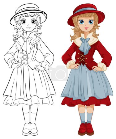 Ilustración de Una ilustración de dibujos animados de una mujer con un sombrero de jugador de bolos y un traje vintage - Imagen libre de derechos