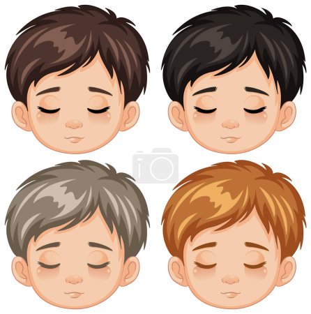 Illustration for A vector cartoon illustration of a boy with four faces, closing his eyes and relaxing - Royalty Free Image