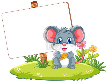 Téléchargez les illustrations : Un personnage de souris de dessin animé se tient dans un fond nature en plein air avec un gabarit de bordure - en licence libre de droit