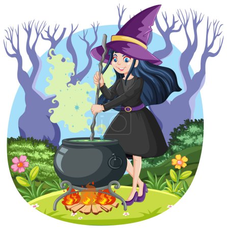 Illustration for A fantasy witch is cooking up a mysterious potion in a dark forest, with an owl flying overhead - Royalty Free Image
