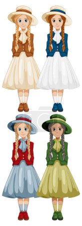 Téléchargez les illustrations : Quatre femmes portant des tenues vintage classiques en différentes couleurs se tiennent ensemble dans une illustration vectorielle - en licence libre de droit