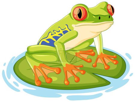 Téléchargez les illustrations : Une joyeuse grenouille dessinée perchée sur un tapis de lis dans une teinte verte vibrante - en licence libre de droit