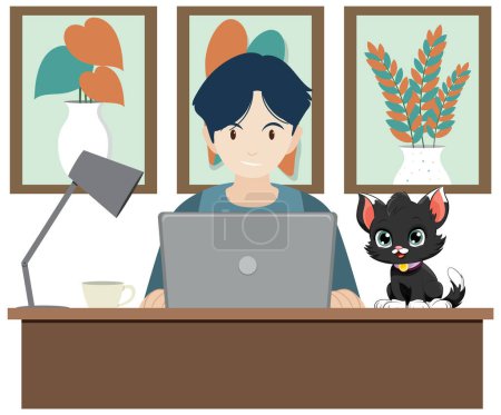 Téléchargez les photos : Homme travaillant à la table avec une illustration de chat - en image libre de droit