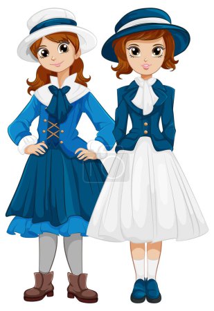Illustration for Two friends wearing a nany blue vintage outfit, smiling and enjoying each other's company - Royalty Free Image