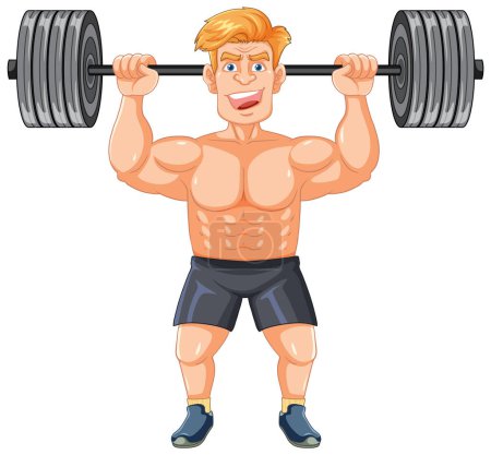 Ilustración de Hombre musculoso guapo levantando pesas en una ilustración de dibujos animados vectoriales - Imagen libre de derechos