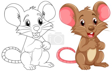 Téléchargez les illustrations : Coloriage dessin animé mignon rat et son illustration en couleur - en licence libre de droit