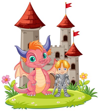 Téléchargez les illustrations : Dragon mignon avec chevalier debout devant le château illustration - en licence libre de droit