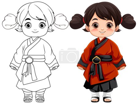 Illustration for A vector cartoon illustration of a cute Asian girl wearing a traditional outfit - Royalty Free Image