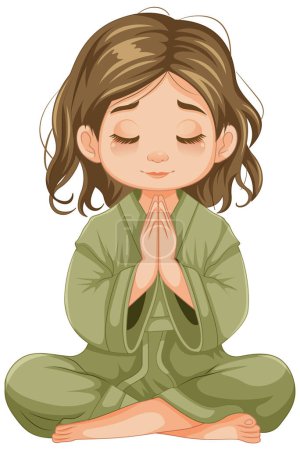 Téléchargez les illustrations : Une jeune fille s'assoit dans une posture méditative, les mains serrées dans la prière - en licence libre de droit