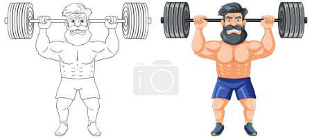 Illustration for A cartoon illustration of a muscular hipster man with a beard and mustache weight lifting - Royalty Free Image