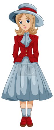 Illustration for A beautiful woman stands in a classic Victoria vintage outfit, wearing a hat - Royalty Free Image